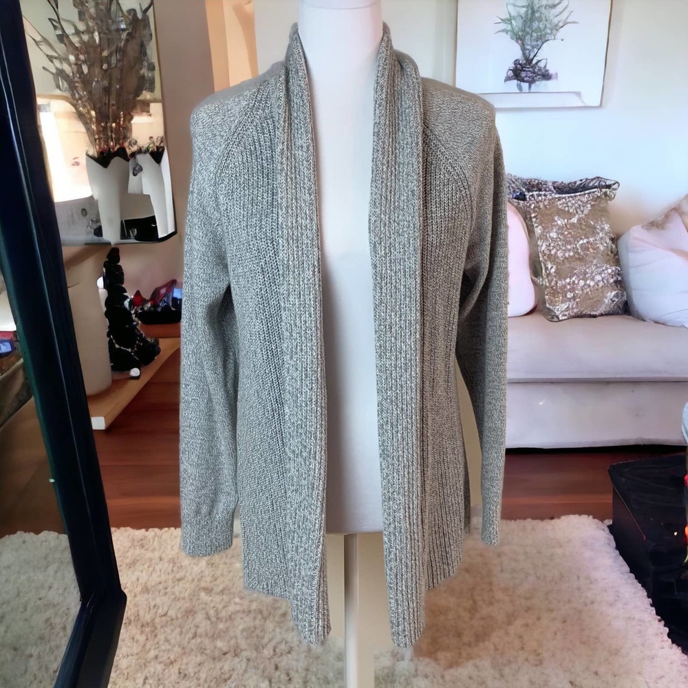 L.L. Bean 100% Cotton Open Front Knit Cardigan Sweater Long Sleeve Gray Size L
